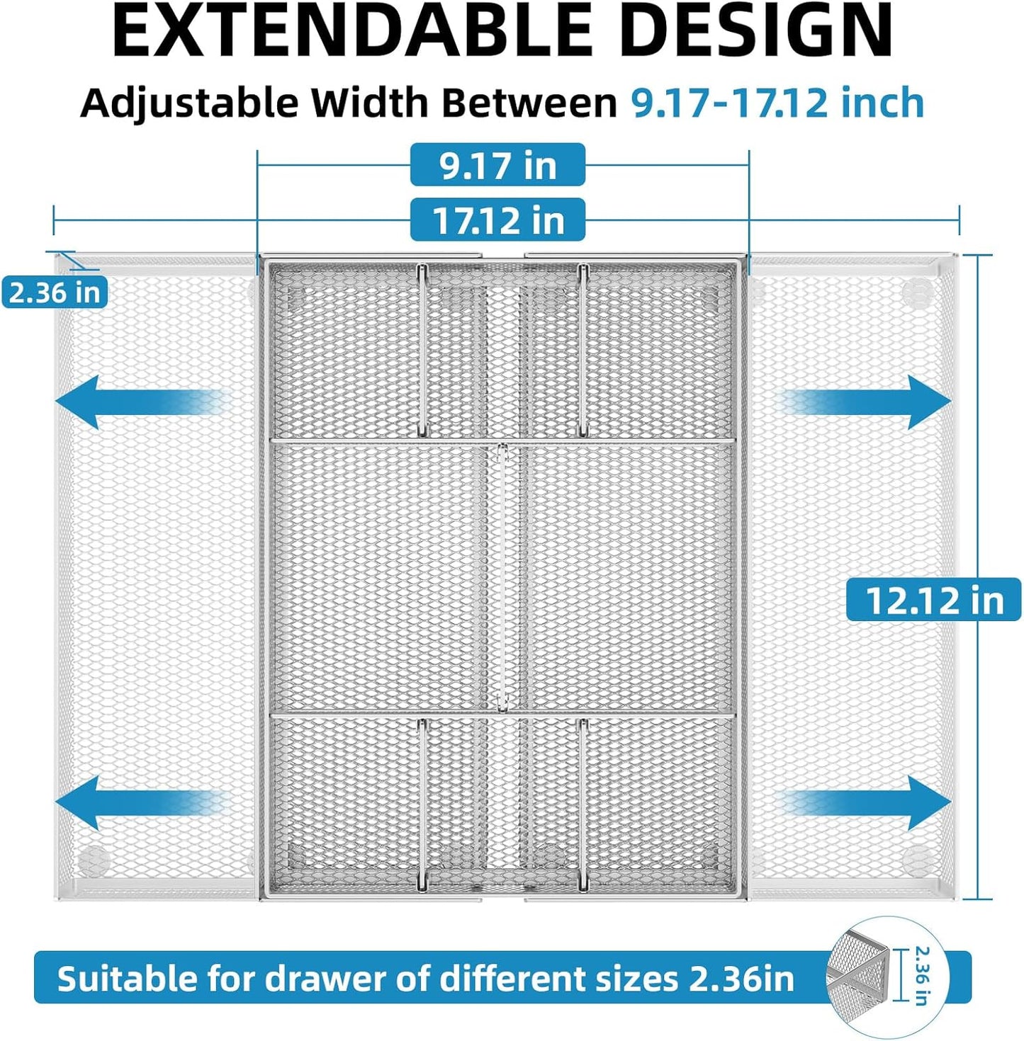 Expandable Desk Drawer Organizer, Mesh Drawer Organizer Tray with 10 Adjustable Compartments, Desk Organizers and Accessories, 5 Dividers Drawer for Office Supplies, Makeup & Vanity (Black)