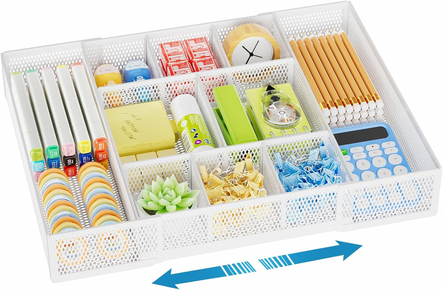 Expandable Desk Drawer Organizer, Mesh Drawer Organizer Tray with 10 Adjustable Compartments, Desk Organizers and Accessories, 5 Dividers Drawer for Office Supplies, Makeup & Vanity (Black)