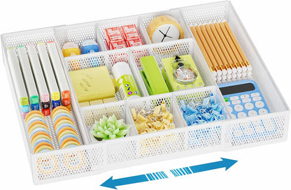 Expandable Desk Drawer Organizer, Mesh Drawer Organizer Tray with 10 Adjustable Compartments, Desk Organizers and Accessories, 5 Dividers Drawer for Office Supplies, Makeup & Vanity (Black)