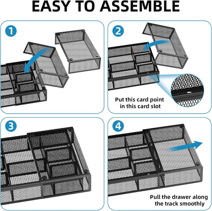 Expandable Desk Drawer Organizer, Mesh Drawer Organizer Tray with 10 Adjustable Compartments, Desk Organizers and Accessories, 5 Dividers Drawer for Office Supplies, Makeup & Vanity (Black)