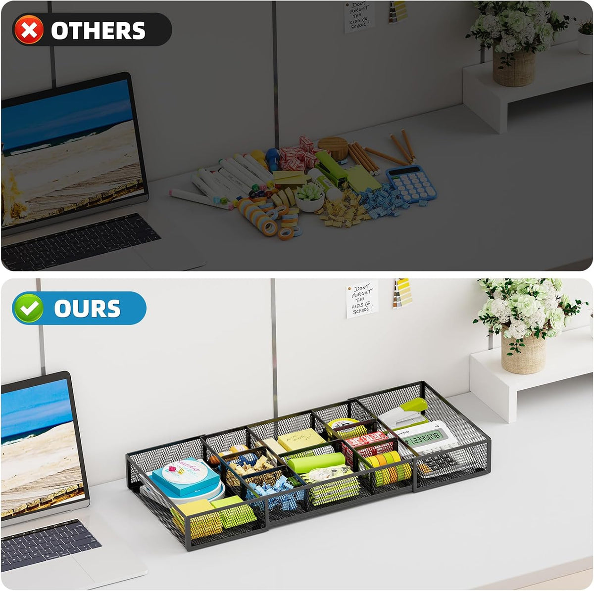 Expandable Desk Drawer Organizer, Mesh Drawer Organizer Tray with 10 Adjustable Compartments, Desk Organizers and Accessories, 5 Dividers Drawer for Office Supplies, Makeup & Vanity (Black)