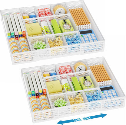 Expandable Desk Drawer Organizer, Mesh Drawer Organizer Tray with 10 Adjustable Compartments, Desk Organizers and Accessories, 5 Dividers Drawer for Office Supplies, Makeup & Vanity (Black)