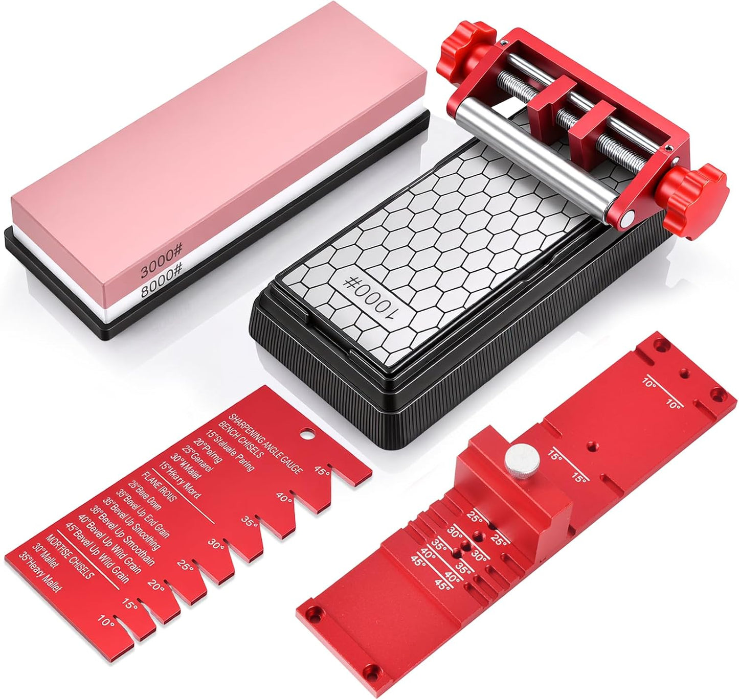 Precision Chisel Sharpening Jig & Guide, with Angle Fixture & Gauge (10-45) Sharpener for Wood Chisels and Plane Blades up to 2.8" Width