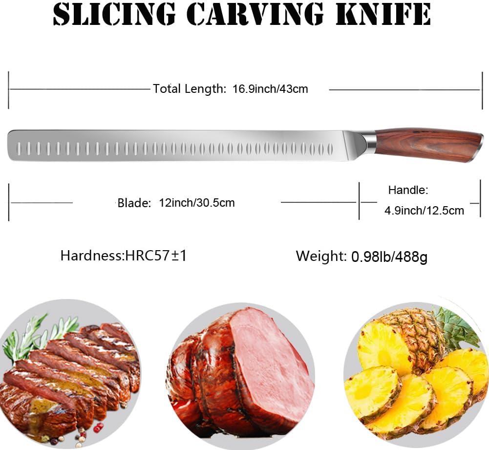 Slicing Carving Knife 12 inch Brisket Knife Outdoor Meat Cleaver Kitchen Knife Chef Knives Multipurpose Grilling Camping Cooking Knife BBQ Tool