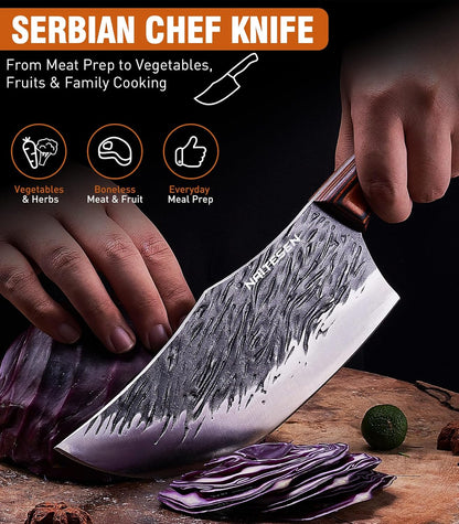 4PCS Hand Forged Butcher Knife and Kitchen Knife 2 in 1 Set | Heavy Duty Meat Cleaver Serbian Chef Knife Breaking Knife Boning Knife for Meat Cutting BBQ Gifts for Men Women