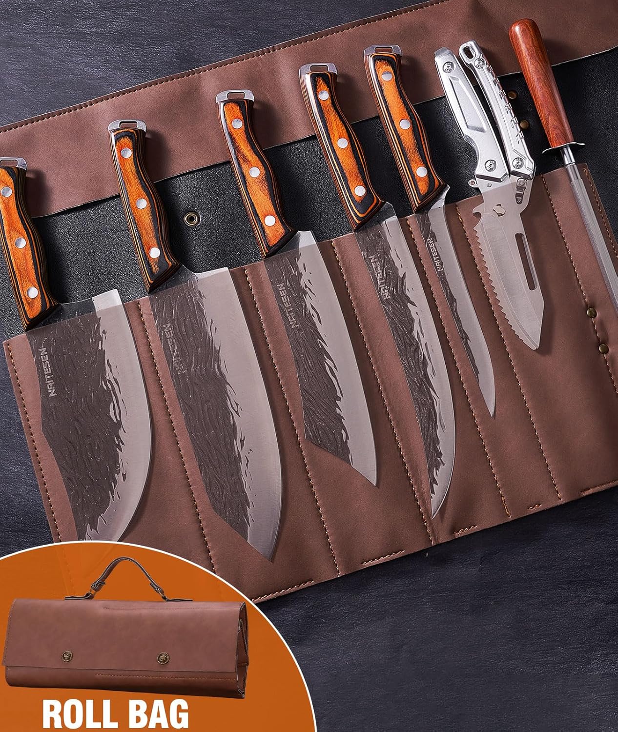 4PCS Hand Forged Butcher Knife and Kitchen Knife 2 in 1 Set | Heavy Duty Meat Cleaver Serbian Chef Knife Breaking Knife Boning Knife for Meat Cutting BBQ Gifts for Men Women