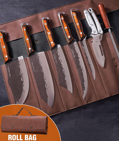 4PCS Hand Forged Butcher Knife and Kitchen Knife 2 in 1 Set | Heavy Duty Meat Cleaver Serbian Chef Knife Breaking Knife Boning Knife for Meat Cutting BBQ Gifts for Men Women