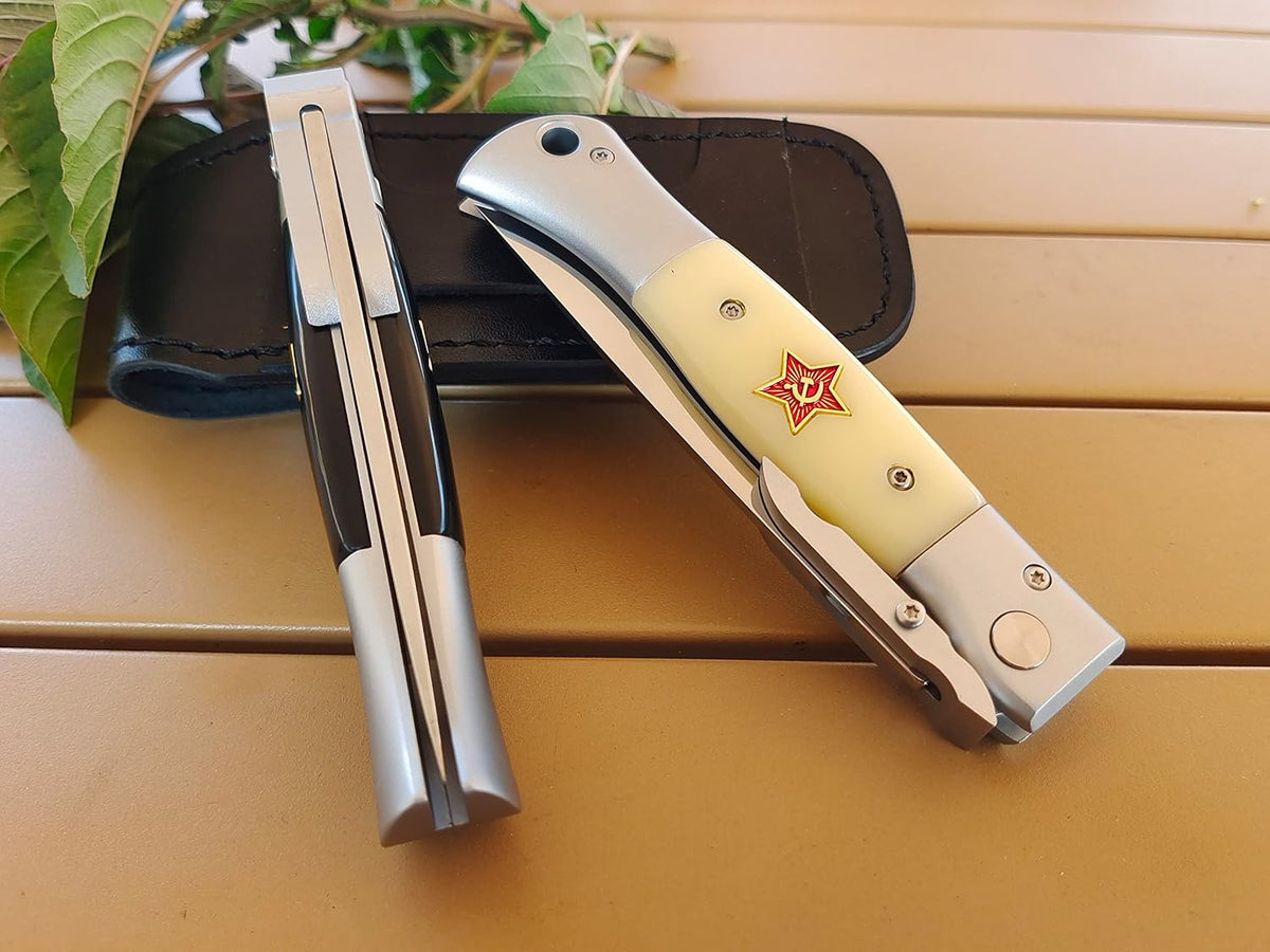 Russian Finka-NKVD KGB Folding Pocket Knife,3.74" Mirror Polished X12M Steel Blade,Aviation Aluminum Inlaid Resin Handle,Cowhide Sheath (Black handle)
