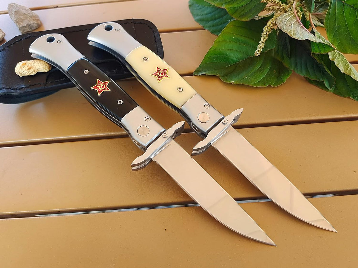 Russian Finka-NKVD KGB Folding Pocket Knife,3.74" Mirror Polished X12M Steel Blade,Aviation Aluminum Inlaid Resin Handle,Cowhide Sheath (Black handle)