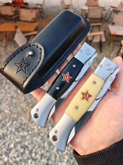 Russian Finka-NKVD KGB Folding Pocket Knife,3.74" Mirror Polished X12M Steel Blade,Aviation Aluminum Inlaid Resin Handle,Cowhide Sheath (Black handle)