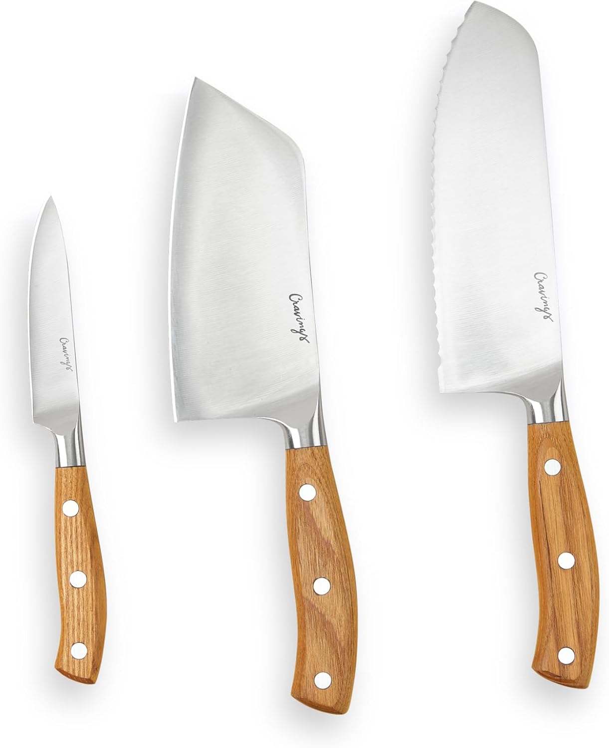 Cravings Greatest Hits 3-Piece Kitchen Knife Set – Includes 6-Inch Cleaver, 7-Inch Santoku Knife, and 3.5-Inch Paring Knife – Full-Tang Stainless Steel Blades with Triple-Riveted Ashwood Handles