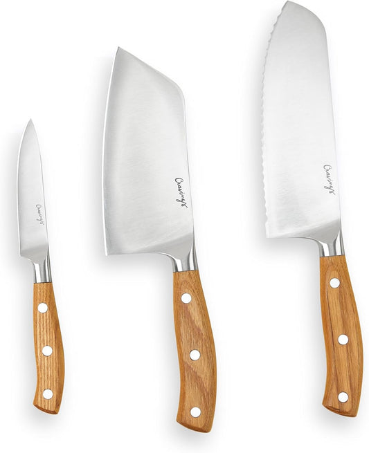 Cravings Greatest Hits 3-Piece Kitchen Knife Set – Includes 6-Inch Cleaver, 7-Inch Santoku Knife, and 3.5-Inch Paring Knife – Full-Tang Stainless Steel Blades with Triple-Riveted Ashwood Handles