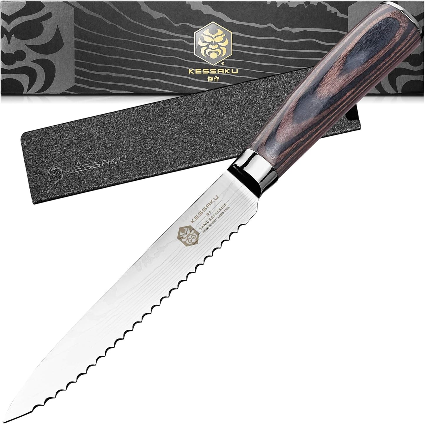 Serrated Utility Knife - 5.5 inch - Samurai Series - Razor Sharp Kitchen Knife - Forged 7Cr17MoV High Carbon Stainless Steel - Wood Handle with Blade Guard