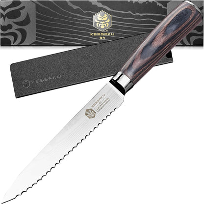 Serrated Utility Knife - 5.5 inch - Samurai Series - Razor Sharp Kitchen Knife - Forged 7Cr17MoV High Carbon Stainless Steel - Wood Handle with Blade Guard