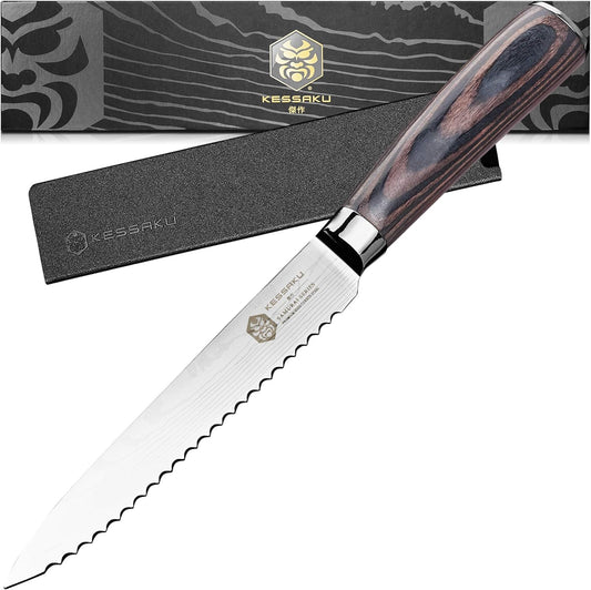 Serrated Utility Knife - 5.5 inch - Samurai Series - Razor Sharp Kitchen Knife - Forged 7Cr17MoV High Carbon Stainless Steel - Wood Handle with Blade Guard
