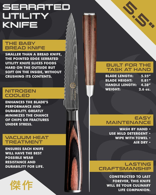 Serrated Utility Knife - 5.5 inch - Samurai Series - Razor Sharp Kitchen Knife - Forged 7Cr17MoV High Carbon Stainless Steel - Wood Handle with Blade Guard