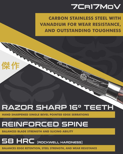 Serrated Utility Knife - 5.5 inch - Samurai Series - Razor Sharp Kitchen Knife - Forged 7Cr17MoV High Carbon Stainless Steel - Wood Handle with Blade Guard