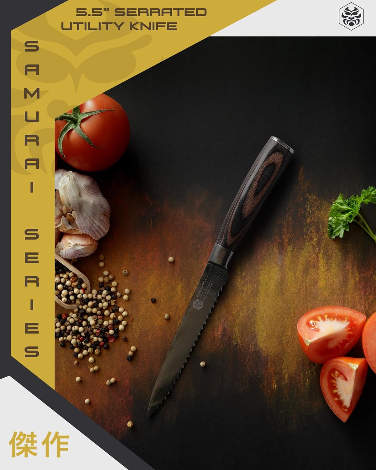 Serrated Utility Knife - 5.5 inch - Samurai Series - Razor Sharp Kitchen Knife - Forged 7Cr17MoV High Carbon Stainless Steel - Wood Handle with Blade Guard