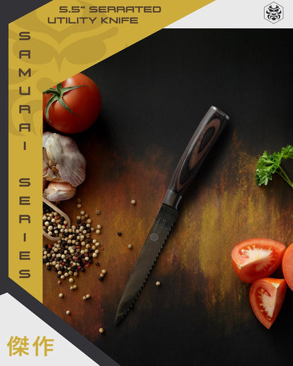 Serrated Utility Knife - 5.5 inch - Samurai Series - Razor Sharp Kitchen Knife - Forged 7Cr17MoV High Carbon Stainless Steel - Wood Handle with Blade Guard