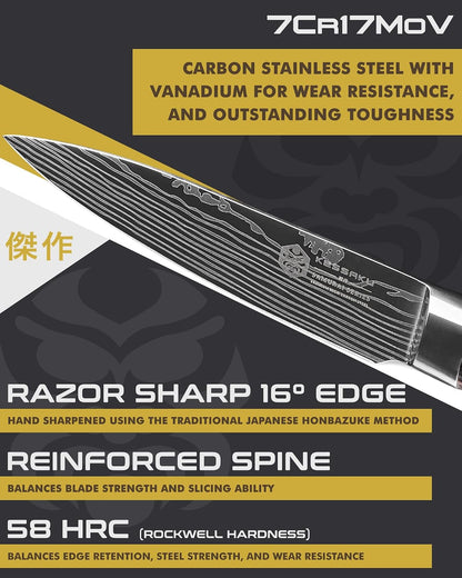 Serrated Utility Knife - 5.5 inch - Samurai Series - Razor Sharp Kitchen Knife - Forged 7Cr17MoV High Carbon Stainless Steel - Wood Handle with Blade Guard