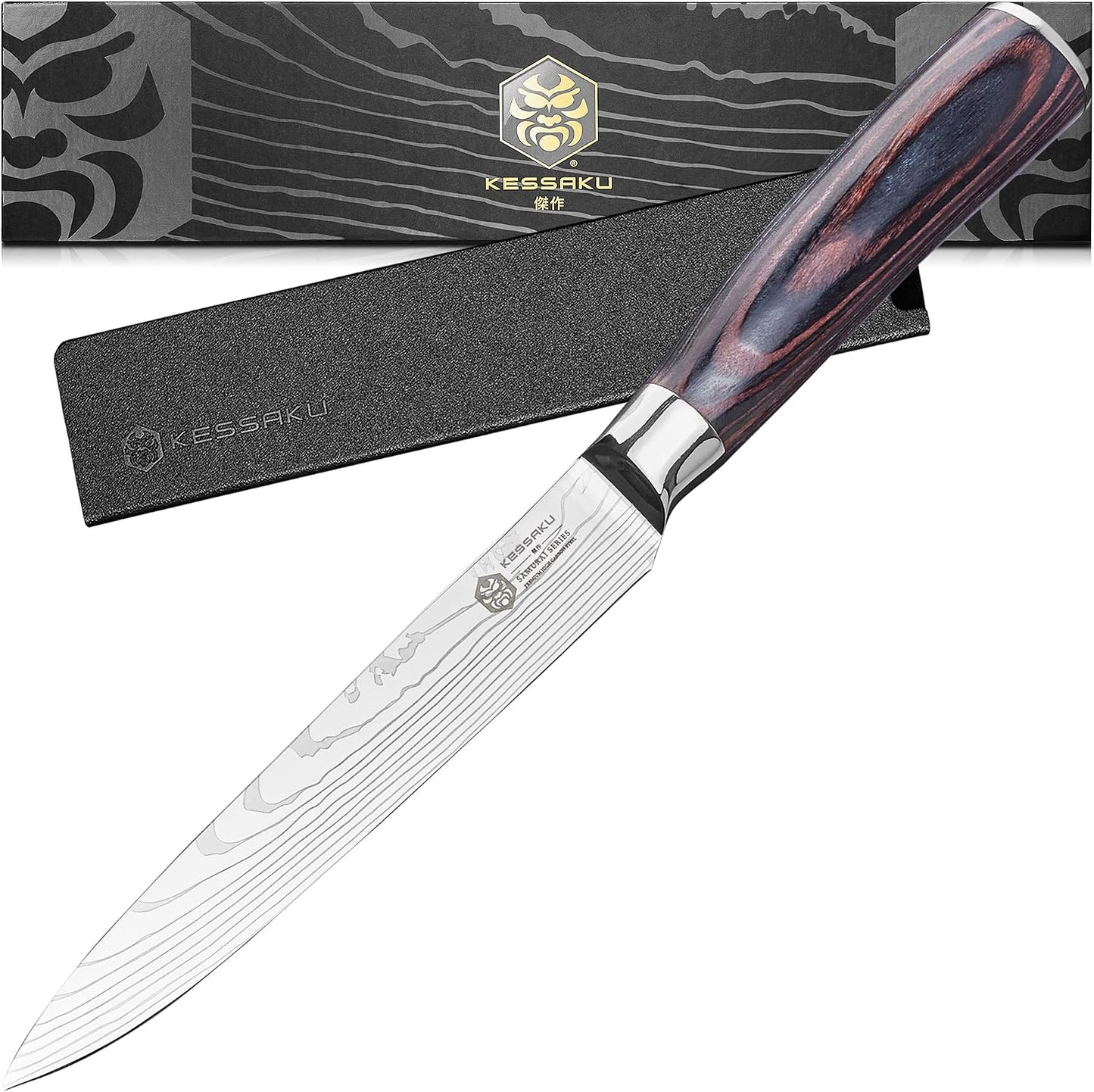 Serrated Utility Knife - 5.5 inch - Samurai Series - Razor Sharp Kitchen Knife - Forged 7Cr17MoV High Carbon Stainless Steel - Wood Handle with Blade Guard