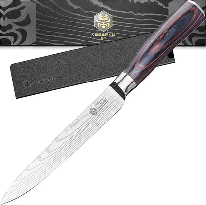 Serrated Utility Knife - 5.5 inch - Samurai Series - Razor Sharp Kitchen Knife - Forged 7Cr17MoV High Carbon Stainless Steel - Wood Handle with Blade Guard