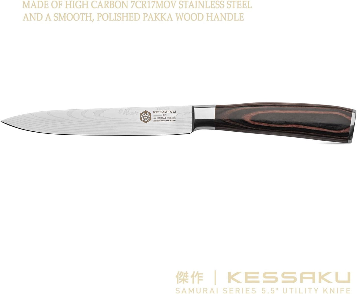 Serrated Utility Knife - 5.5 inch - Samurai Series - Razor Sharp Kitchen Knife - Forged 7Cr17MoV High Carbon Stainless Steel - Wood Handle with Blade Guard