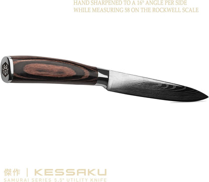Serrated Utility Knife - 5.5 inch - Samurai Series - Razor Sharp Kitchen Knife - Forged 7Cr17MoV High Carbon Stainless Steel - Wood Handle with Blade Guard