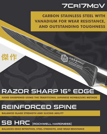 Serrated Utility Knife - 5.5 inch - Samurai Series - Razor Sharp Kitchen Knife - Forged 7Cr17MoV High Carbon Stainless Steel - Wood Handle with Blade Guard