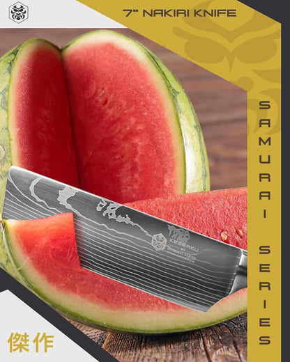 Serrated Utility Knife - 5.5 inch - Samurai Series - Razor Sharp Kitchen Knife - Forged 7Cr17MoV High Carbon Stainless Steel - Wood Handle with Blade Guard