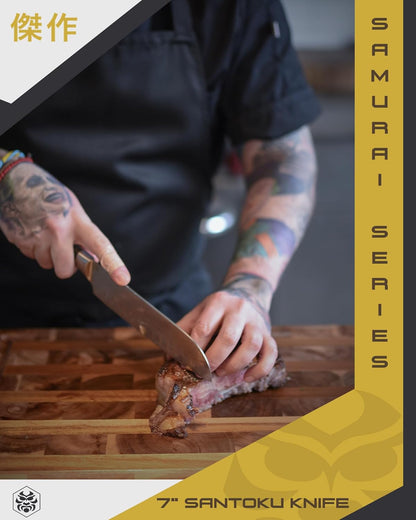 Serrated Utility Knife - 5.5 inch - Samurai Series - Razor Sharp Kitchen Knife - Forged 7Cr17MoV High Carbon Stainless Steel - Wood Handle with Blade Guard