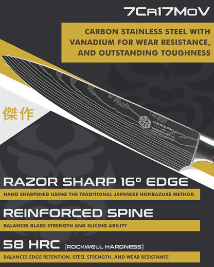 Serrated Utility Knife - 5.5 inch - Samurai Series - Razor Sharp Kitchen Knife - Forged 7Cr17MoV High Carbon Stainless Steel - Wood Handle with Blade Guard