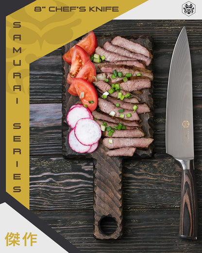 Serrated Utility Knife - 5.5 inch - Samurai Series - Razor Sharp Kitchen Knife - Forged 7Cr17MoV High Carbon Stainless Steel - Wood Handle with Blade Guard