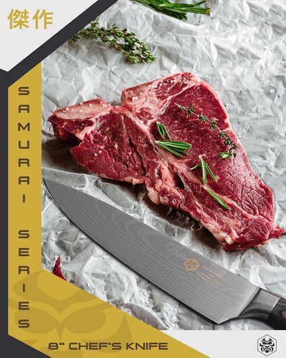 Serrated Utility Knife - 5.5 inch - Samurai Series - Razor Sharp Kitchen Knife - Forged 7Cr17MoV High Carbon Stainless Steel - Wood Handle with Blade Guard