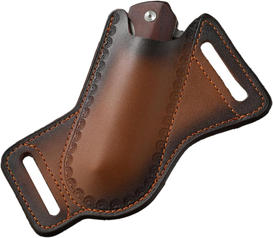5" Leather Knife Sheath for Belt - Folding Knife Belt Holster Brown Genuine Leather Pocket Knife Holder for 3-5" Knives