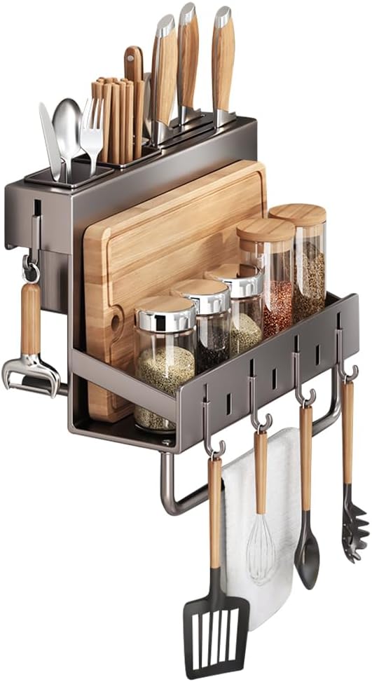 Multifunctional Wall-Mounted Knife Holder Kitchen Utensils Holder Spice Storage Organizer Rack for Knives, Spoons, Chopsticks, Towels, Pot Lids, Spice Jars (Grey)