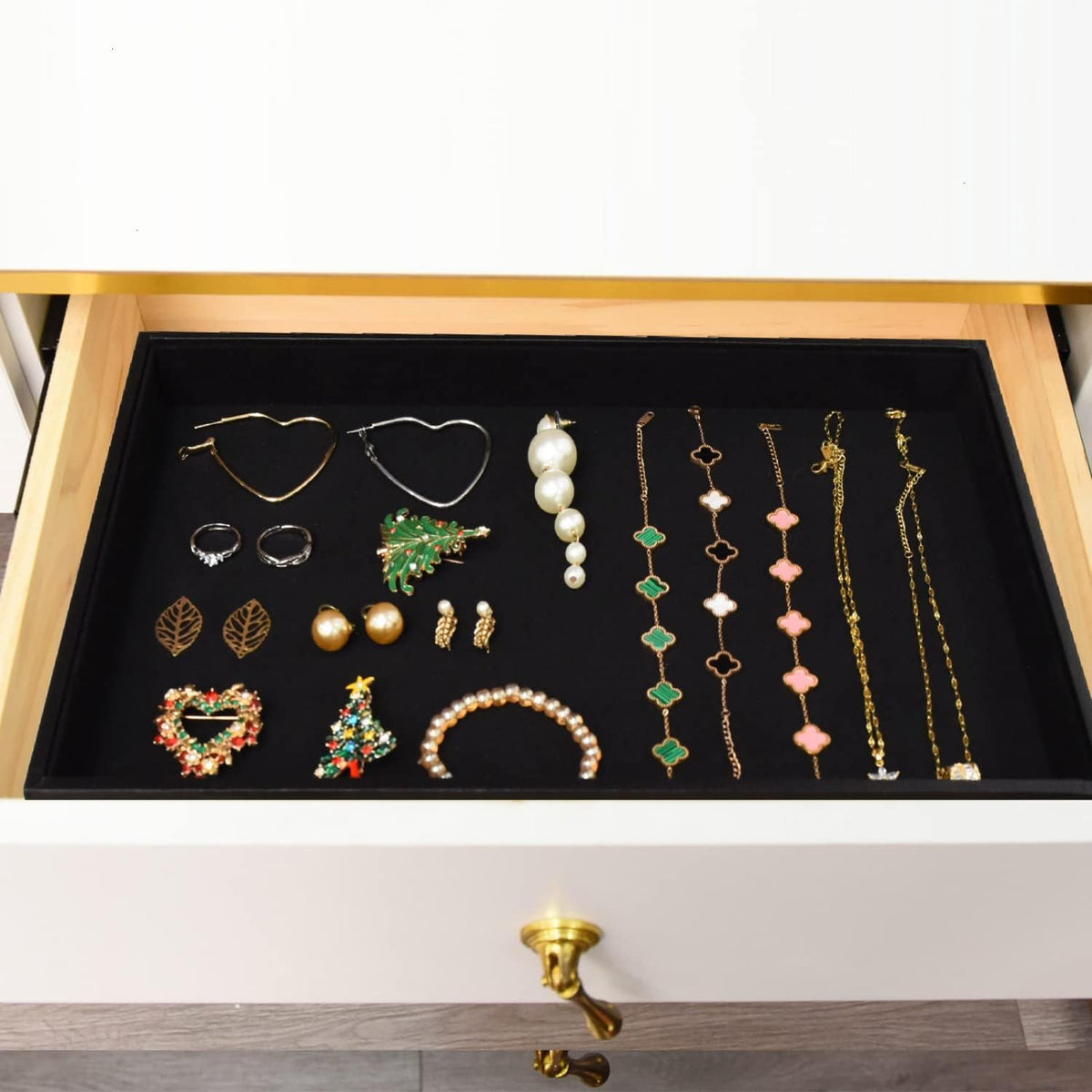 Velvet Jewelry Tray for Drawers Black Jewelrys Display Tray Stackable Jewelry Organizer Trays for Necklace Bracelet Ring Watch (1, Black)