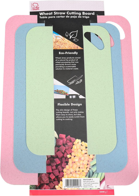 Eco-Friendly Wheat Straw Cutting Board with Durable Plastic Backing, 3-Piece Flexible Cutting Board Set (Pink, Blue, Green)