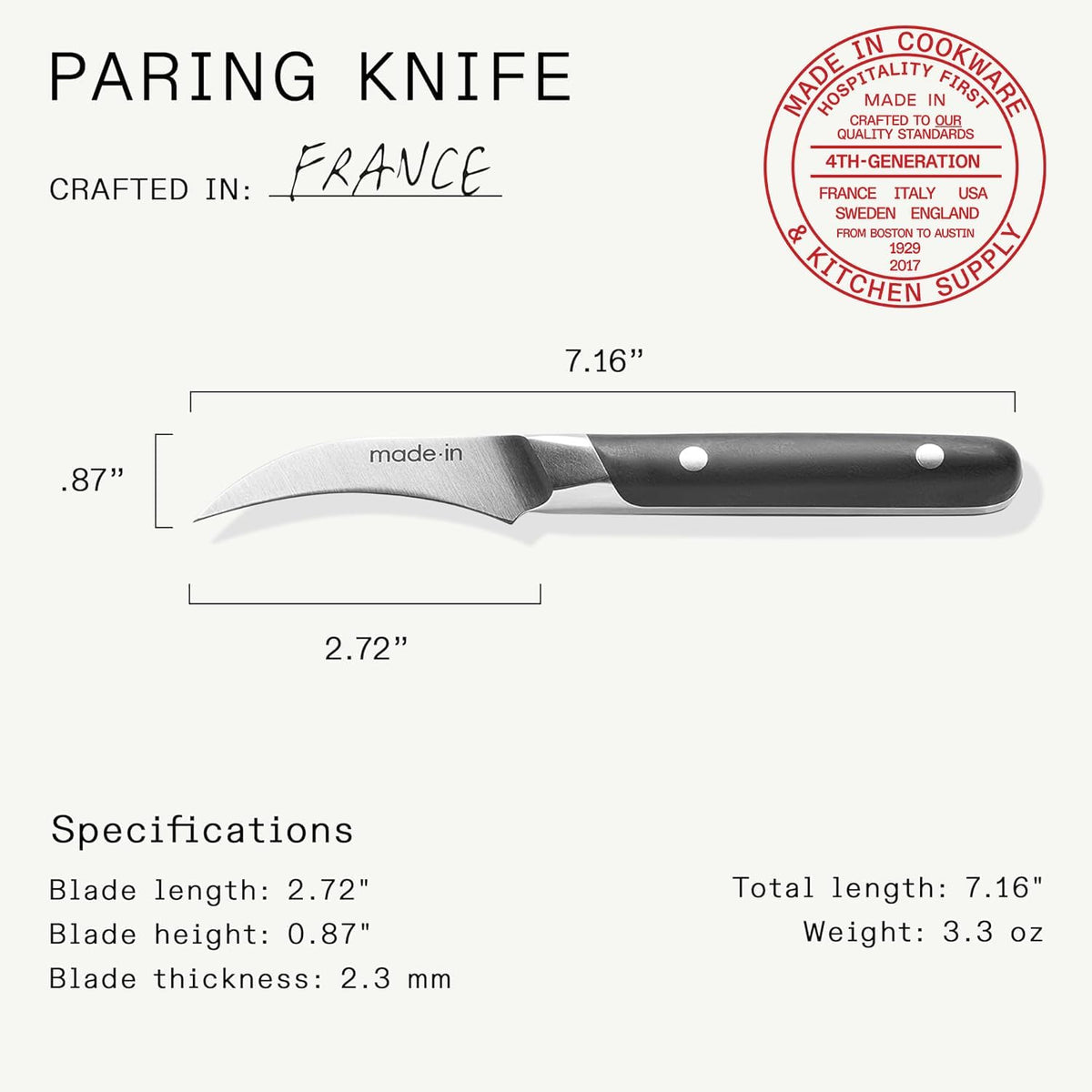 Cookware - 3" Bird's Beak Paring Knife - Crafted in France - Full Tang With Truffle Black Handle