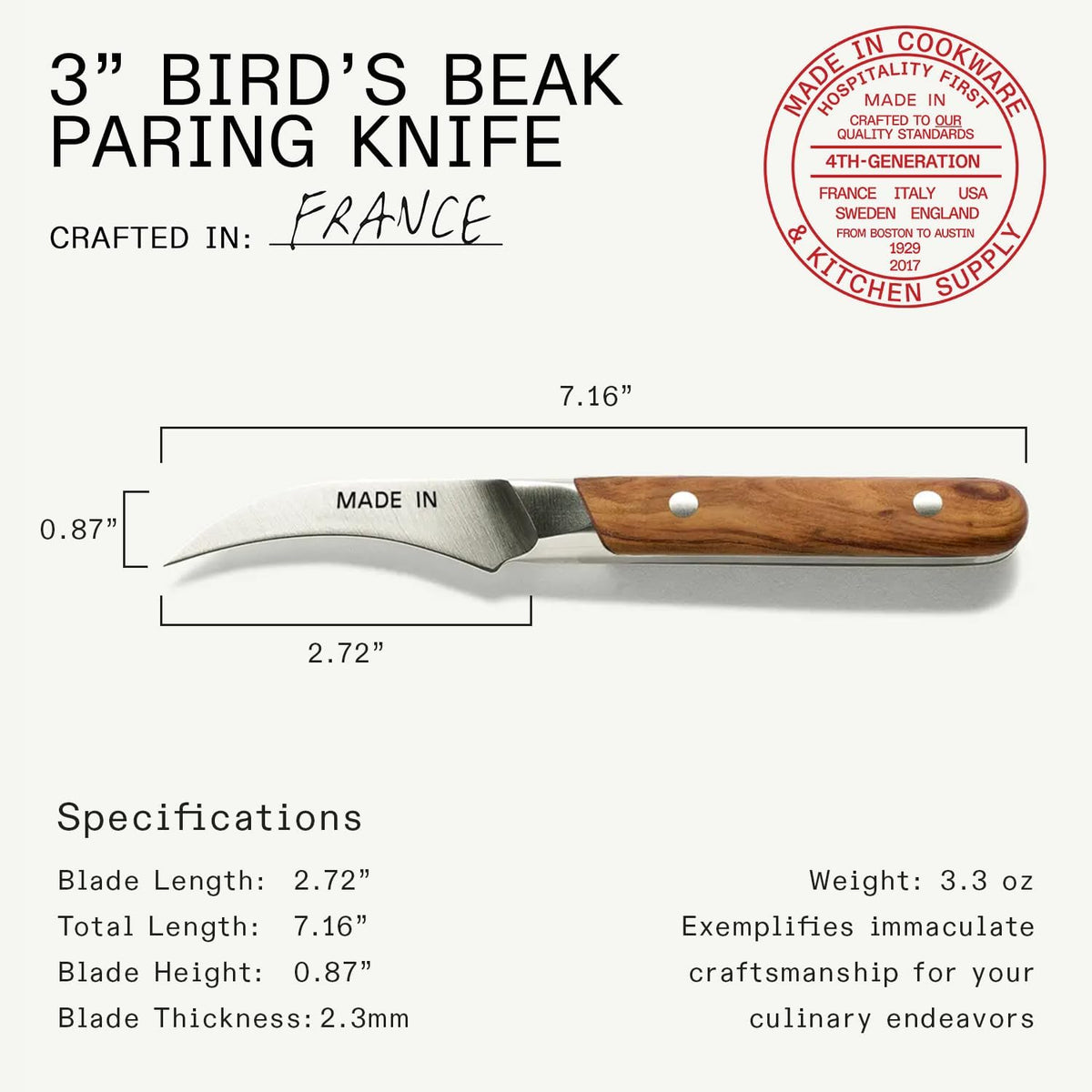 Cookware - 3" Bird's Beak Paring Knife - Crafted in France - Full Tang With Truffle Black Handle
