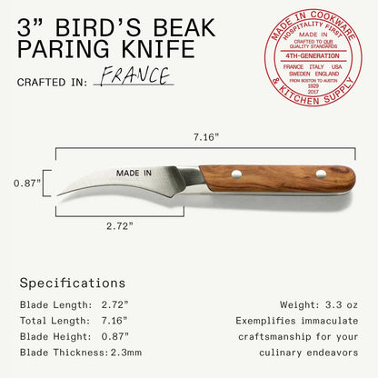 Cookware - 3" Bird's Beak Paring Knife - Crafted in France - Full Tang With Truffle Black Handle