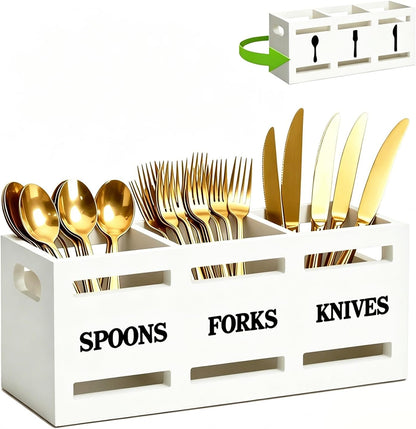 Kitchen Utensil Holder Wooden Cutlery Holder Silverware Containers | Black Utensil Caddy Cutlery Organizer 3 Compartment Tools Organizer for Kitchen Counter Spoons Forks Knives Tools Storage