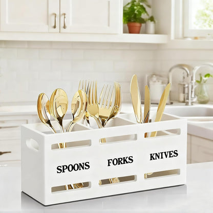 Kitchen Utensil Holder Wooden Cutlery Holder Silverware Containers | Black Utensil Caddy Cutlery Organizer 3 Compartment Tools Organizer for Kitchen Counter Spoons Forks Knives Tools Storage