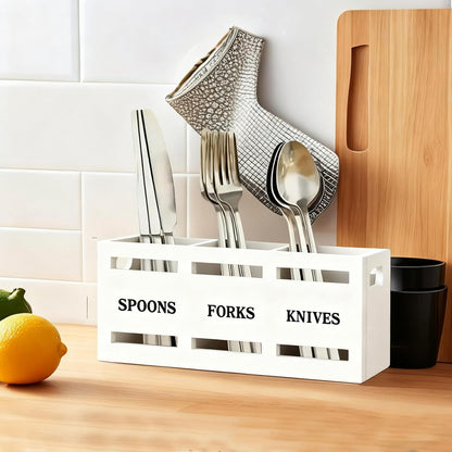 Kitchen Utensil Holder Wooden Cutlery Holder Silverware Containers | Black Utensil Caddy Cutlery Organizer 3 Compartment Tools Organizer for Kitchen Counter Spoons Forks Knives Tools Storage