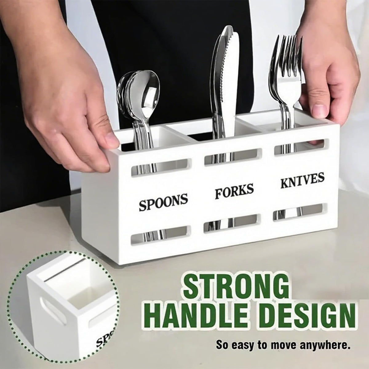 Kitchen Utensil Holder Wooden Cutlery Holder Silverware Containers | Black Utensil Caddy Cutlery Organizer 3 Compartment Tools Organizer for Kitchen Counter Spoons Forks Knives Tools Storage