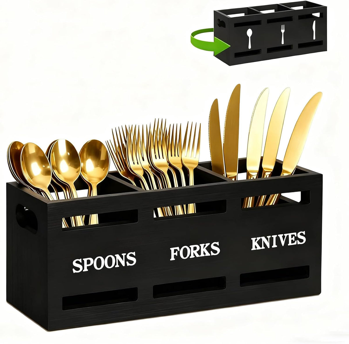 Kitchen Utensil Holder Wooden Cutlery Holder Silverware Containers | Black Utensil Caddy Cutlery Organizer 3 Compartment Tools Organizer for Kitchen Counter Spoons Forks Knives Tools Storage