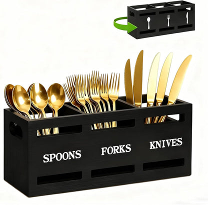 Kitchen Utensil Holder Wooden Cutlery Holder Silverware Containers | Black Utensil Caddy Cutlery Organizer 3 Compartment Tools Organizer for Kitchen Counter Spoons Forks Knives Tools Storage