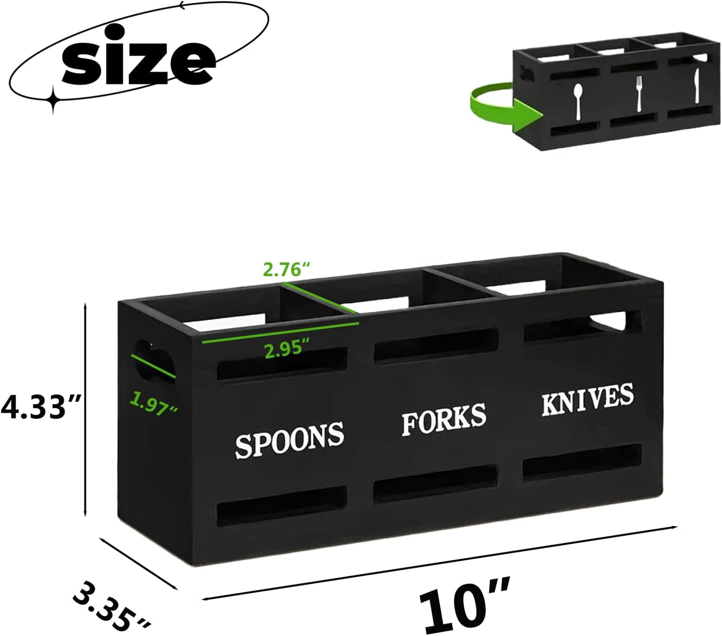 Kitchen Utensil Holder Wooden Cutlery Holder Silverware Containers | Black Utensil Caddy Cutlery Organizer 3 Compartment Tools Organizer for Kitchen Counter Spoons Forks Knives Tools Storage