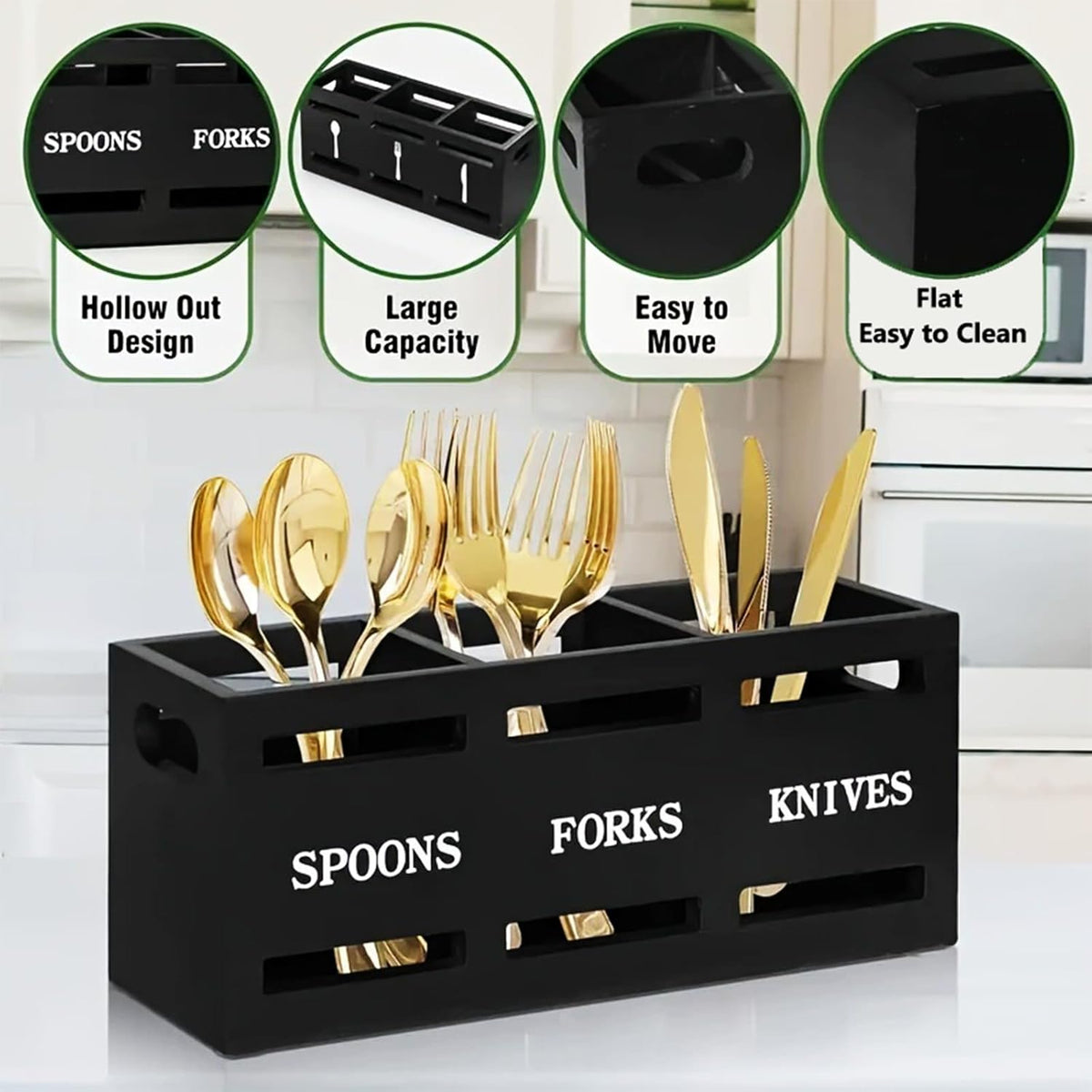 Kitchen Utensil Holder Wooden Cutlery Holder Silverware Containers | Black Utensil Caddy Cutlery Organizer 3 Compartment Tools Organizer for Kitchen Counter Spoons Forks Knives Tools Storage