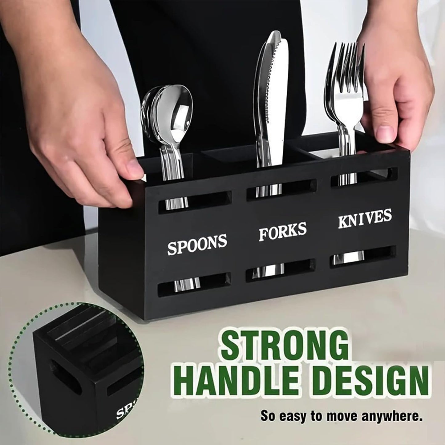Kitchen Utensil Holder Wooden Cutlery Holder Silverware Containers | Black Utensil Caddy Cutlery Organizer 3 Compartment Tools Organizer for Kitchen Counter Spoons Forks Knives Tools Storage